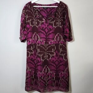 MEXX Dress Womens 6 Pink Burgandy Silky Elegant Ikat Fleur De Lys All Over Print